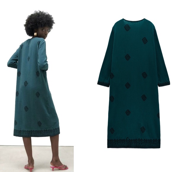 Zara NWT Green Printed Loose Fitting Long Sleeve Dress Large - Picture 12 of 14